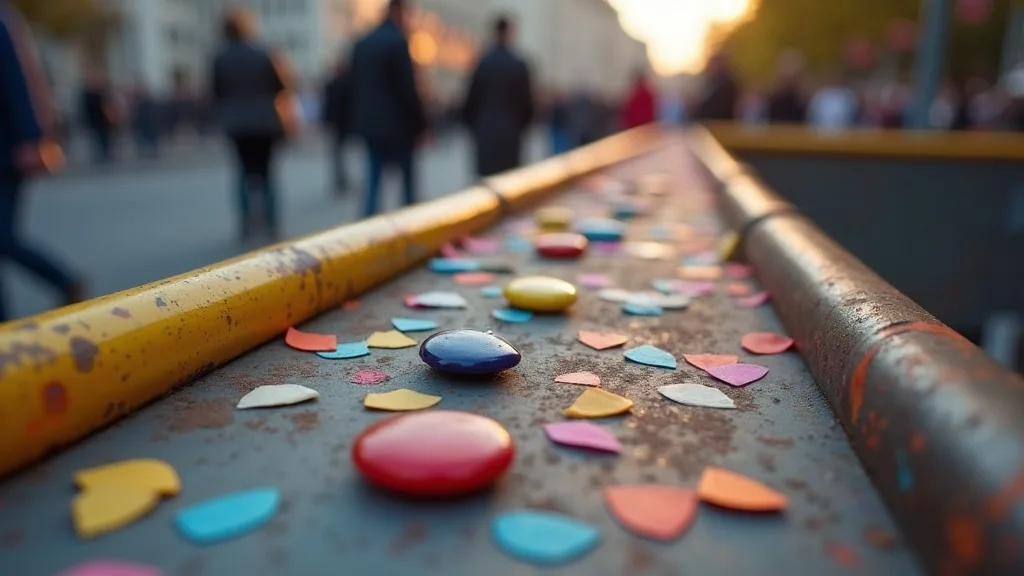 Confettis et pin s colores sur une barriere de festival a Amiens