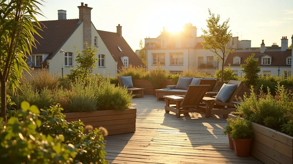 jardin communautaire sur toit ensoleille avec bancs en bois a Amiens