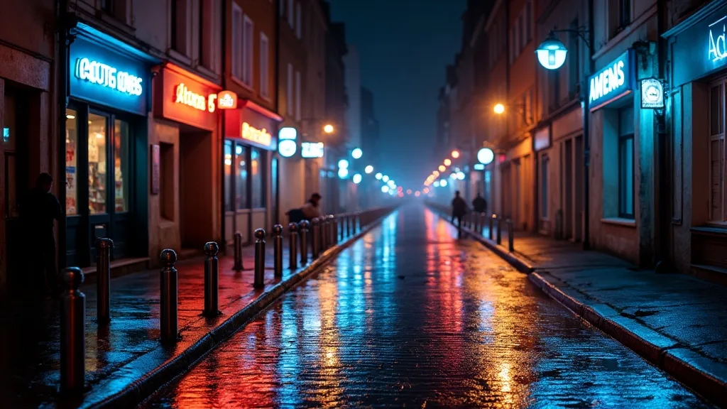 Ruelle pavee mouillee reflets neon a minuit a Amiens