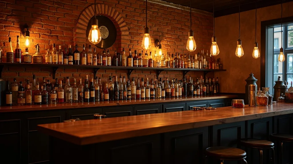 Mur arriere de bar etageres spiritueux ampoules Edison a Amiens